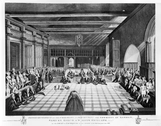 Representación de la Ceremonia de Presentación de los Alguaciles de Londres, Samuel Birch y William Heygate Esqs. en la Corte del Exchequer al día siguiente de Michaelmas, 1811